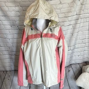 North Face pink & light gray rain jacket with hidden hood. Medium